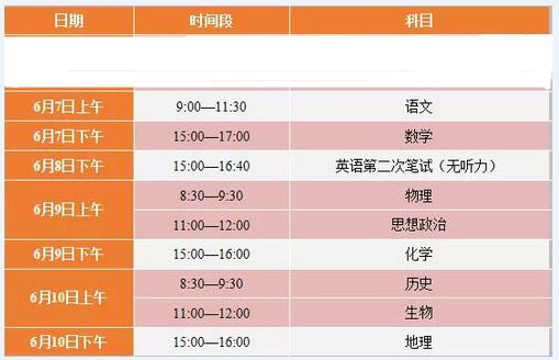 天津高考考试安排表