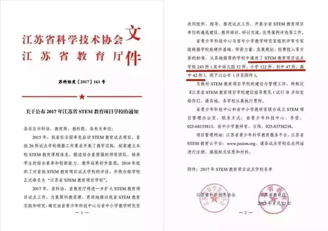 江苏STEM教育试点学校名单