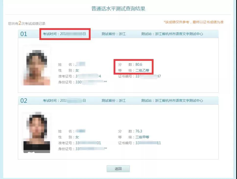 成绩显示页面截图